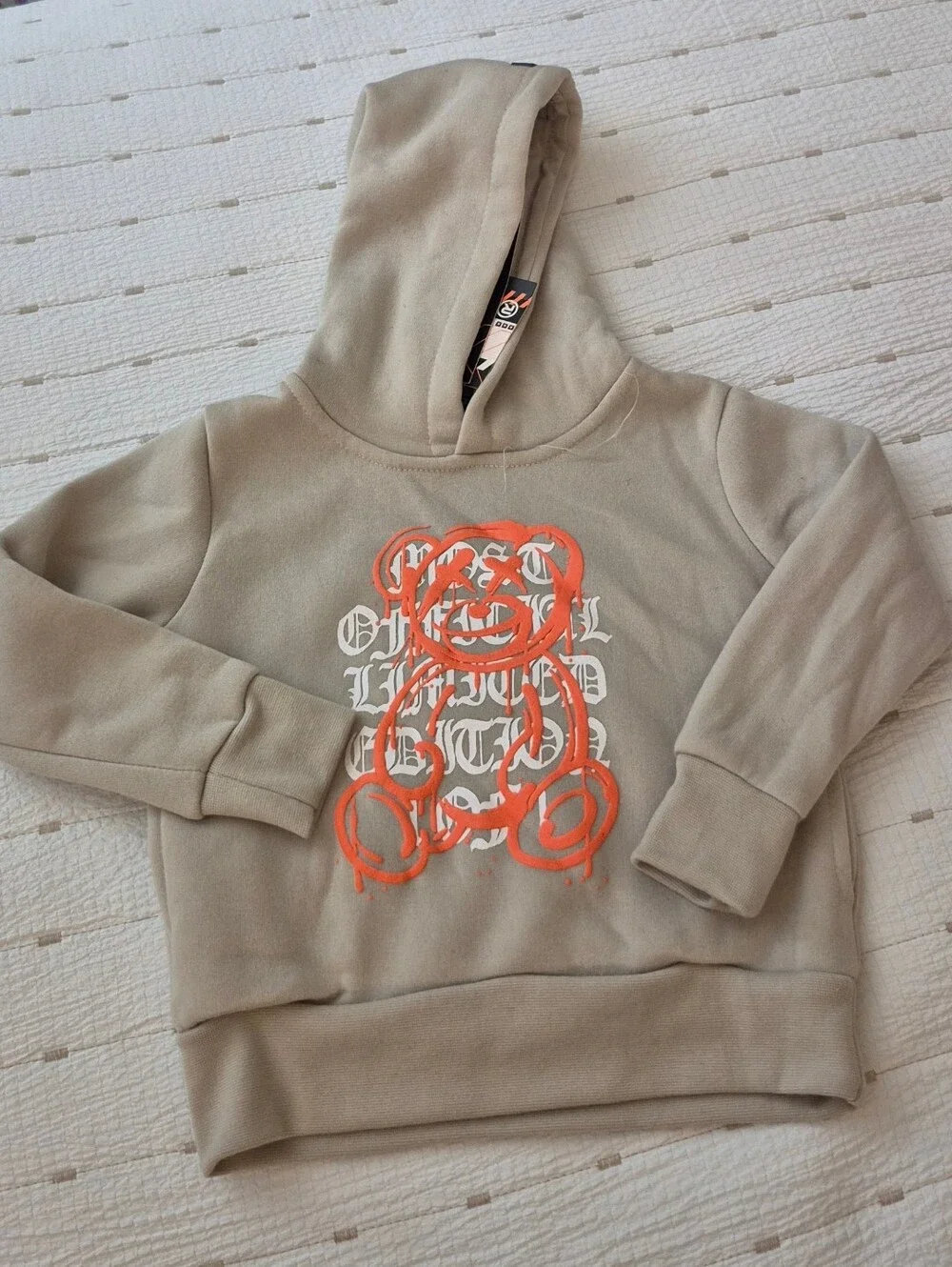2 PC Kids Beige Hoodie And Pants with Orange Teddy Graphic